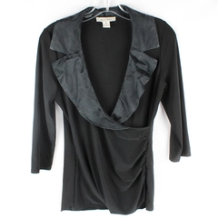 White House Black Market Solid Black Blouse Quarter Length Sleeve Women's Size M