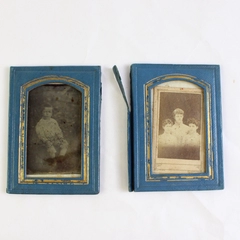 Antique Blue Leather Covered Double Frame With Tintype And Sepia Photographs