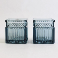 Set of 2 PartyLite Radiant Glow Square Glass Candle Holders Blue Ribbed Deco