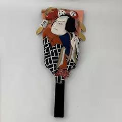 Vtg Handmade And Hand Painted Japanese Kabuki Hagoita Wood Paddle Fan 24 Inch