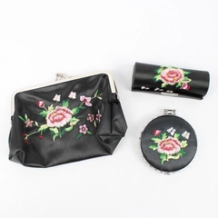 3 Pc Set Black Coin Purse Compact Lipstick Holder Pink Embroidered Flowers
