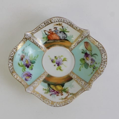 Antique Dresden Quatrefoil Trinket Dish Courting Couple and Flowers 4.5 Inch