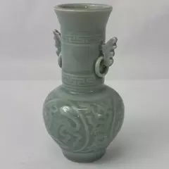 Chinese Green Celadon Vase Embossed Dragons And Dragon Ear Ring Handles