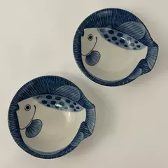 Lot of 2 Japanese Tonsui Blue White Puffer Fish Soup Bowls Collectible