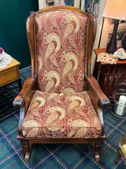 Vintage Red Paisley Upholstered Rocking Chair Wooden Frame 