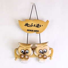 Hokkaido Japanese Wooden Carved Owls Wall Hanging