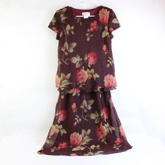 Miss Dorby 2 Piece Set Rose Print Burgundy Midi Skirt and Top Women's Size 12