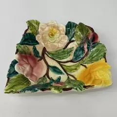 Vtg Hand Painted Embossed Flower Ceramic Trinket Dish Made In Italy Collectible