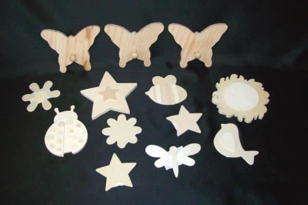 Wooden Block Shapes Lot of 13 - Bugs & Stars With Butterfly Coat Hanger