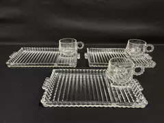 3 Hazel Atlas Rectangular Snack Plate and Round Cup Sets 1305 Ribbed Pattern