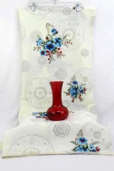 Lot Of 2 Table Decorations ~Red Glass Vase W/ Red Blue Floral Tablecloth Dinning