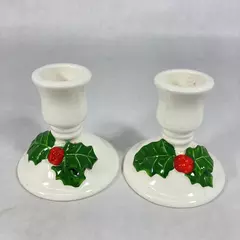 Set of 2 Vintage Lillian Vernon Holly Berries Candle Holders for Christmas Decor