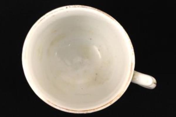 Vintage German Porcelain Demitasse Cup Blue Border Gold Gilt Writing