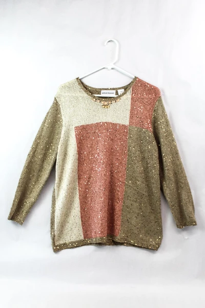 Alfred Dunner Women's Large Sequin Beaded Sweater Beige Pink Brown Sparkle