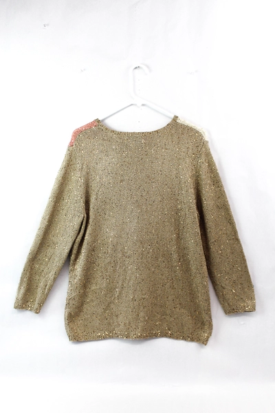 Alfred Dunner Women's Large Sequin Beaded Sweater Beige Pink Brown Sparkle