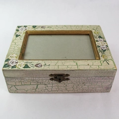 Vintage Floral Distressed Jewelry Box Green Lid Farmhouse Chic 2.75" Tall