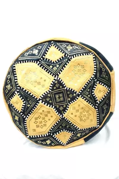 Genuine Leather Moroccan Pouf Ottoman Blue & Yellow Pre-owned