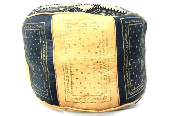 Genuine Leather Moroccan Pouf Ottoman Blue & Yellow Pre-owned
