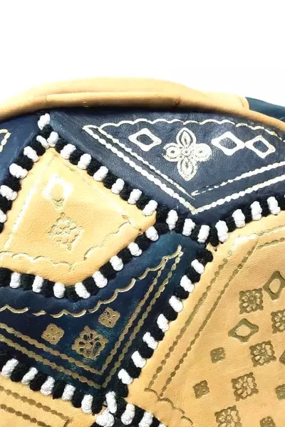 Genuine Leather Moroccan Pouf Ottoman Blue & Yellow Pre-owned