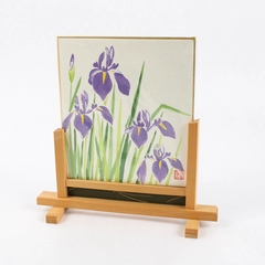 Small Japanese Water Painting Of Japanese Irises With Wooden Display Easel