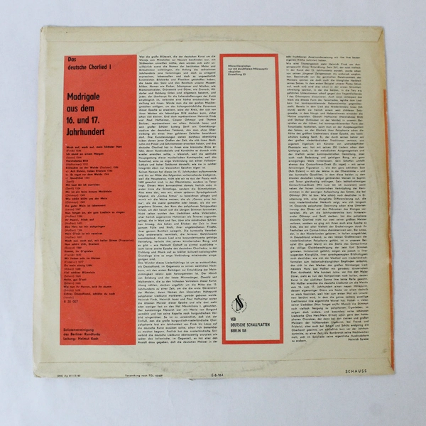 Das Deutsche Chorlied I Madrigale 16th & 17th Century Vinyl LP Eterna