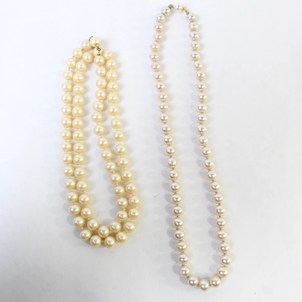 Lot of 2 Vintage Cream & Pink Faux Pearl Necklaces, Gold Tone Clasp