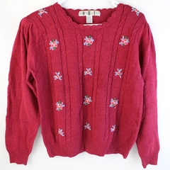 Vintage OHI Women's Sweater Size L Pink Embroidered Flowers Shoulder Pads