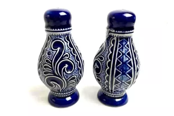 Vintage German Stoneware Salt & Pepper Shaker Set Blue White Corked Base