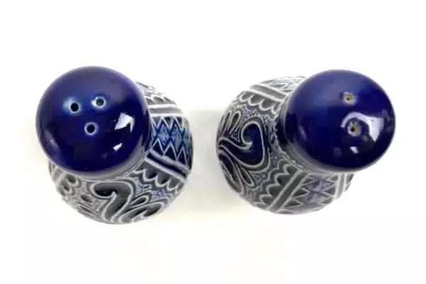 Vintage German Stoneware Salt & Pepper Shaker Set Blue White Corked Base