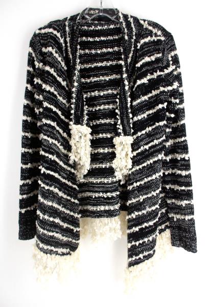 LA FEE VERTE Open Front Cardigan Black White Popcorn Fringe Chunky Womens M/L