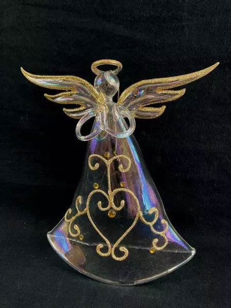 Hand Blown Glass Christmas Angel Figurine Ornament Repaired Clear Gold Glitter