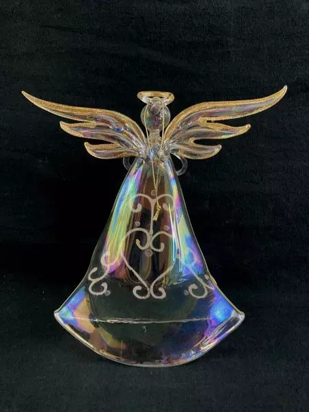 Hand Blown Glass Christmas Angel Figurine Ornament Repaired Clear Gold Glitter