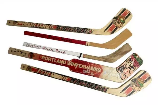Lot of 5 Vintage Portland Winterhawks Wooden Hockey Sticks Souvenir Autographed