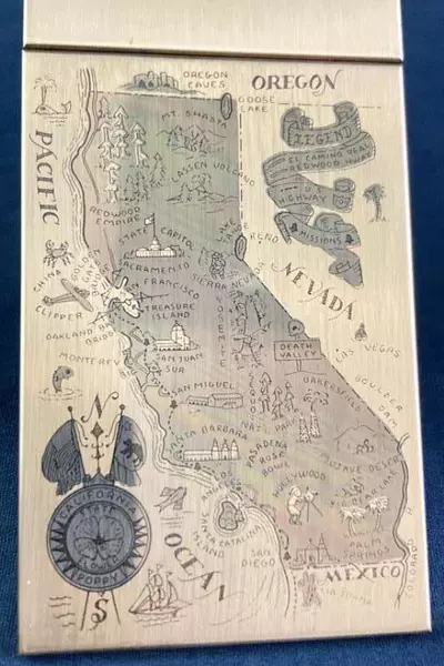 Vintage 1940s J.V. Pilcher MFG Co Brass Compact California Map