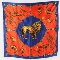 Vintage Lion Animal Pattern Headscarf 28x28 Red Blue Yellow - Pre-Owned
