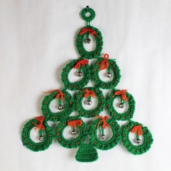 Handmade Crocheted Christmas Tree Wall Hanging Silver Toned Bells Holiday Decor
