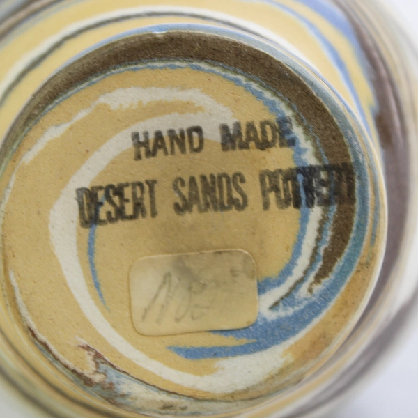 Vintage Desert Sands Pottery Ceramic Bud Vase Brown Green Blue Gold White Swirl 