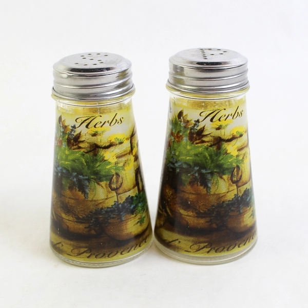 Circleware Glass Herb Design Salt and Pepper Shakers Stainless Steel Lid 
