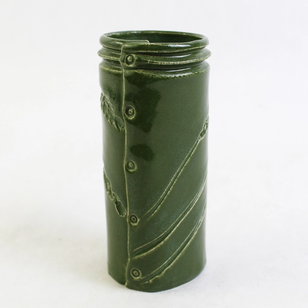 2011 Signed Handmade Green Ceramic Vase Impressed Wheat Pattern