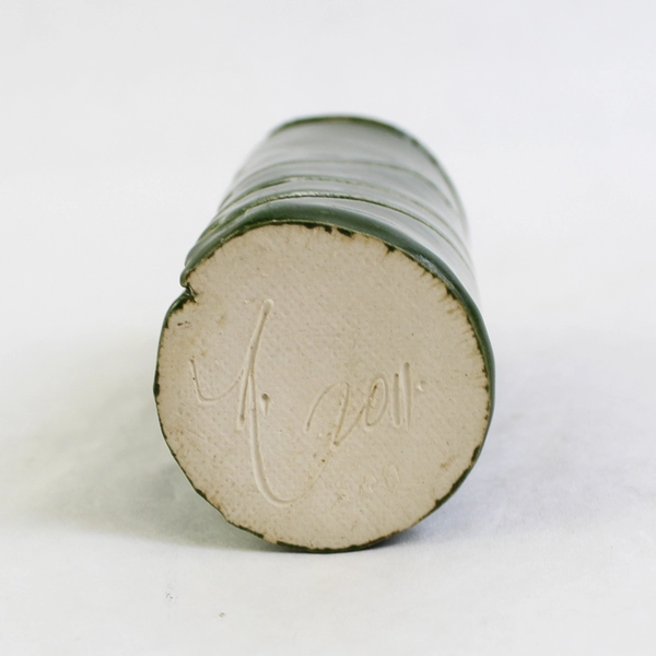 2011 Signed Handmade Green Ceramic Vase Impressed Wheat Pattern