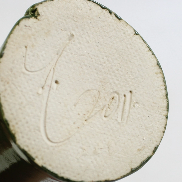 2011 Signed Handmade Green Ceramic Vase Impressed Wheat Pattern