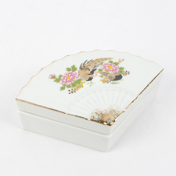 Porcelain Fan Shaped Trinket Box Floral Peacock, Made In Japan 