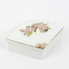 Porcelain Fan Shaped Trinket Box Floral Peacock, Made In Japan 