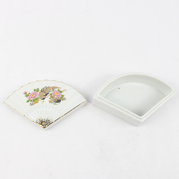 Porcelain Fan Shaped Trinket Box Floral Peacock, Made In Japan 