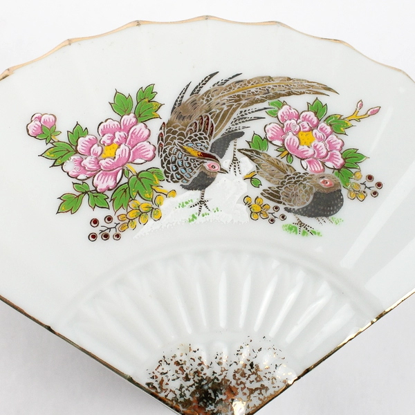Porcelain Fan Shaped Trinket Box Floral Peacock, Made In Japan 