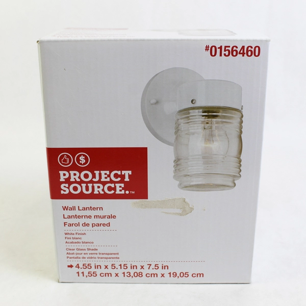 Project Source Wall Lantern Sconce #0156460 White Finish Clear Glass NIB
