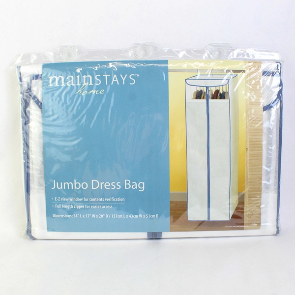 Mainstays Home White Jumbo Hanging Dress Bag 54x17x20" Closet Organizer New
