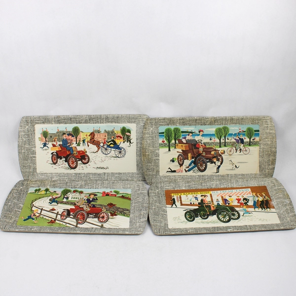 Set of 4 Vintage Kentley 1953 Antique Autos Pressed Board Serving Trays 17.25" L