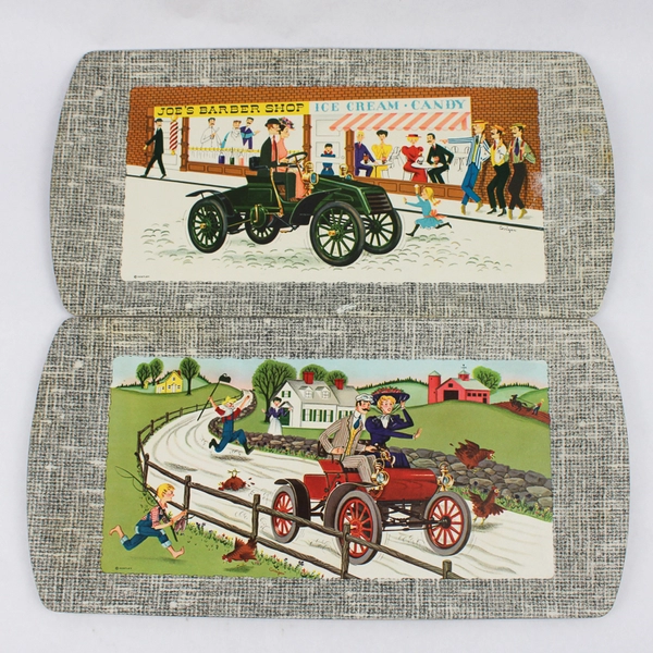Set of 4 Vintage Kentley 1953 Antique Autos Pressed Board Serving Trays 17.25" L