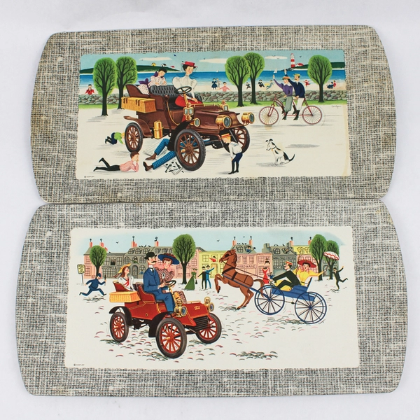 Set of 4 Vintage Kentley 1953 Antique Autos Pressed Board Serving Trays 17.25" L
